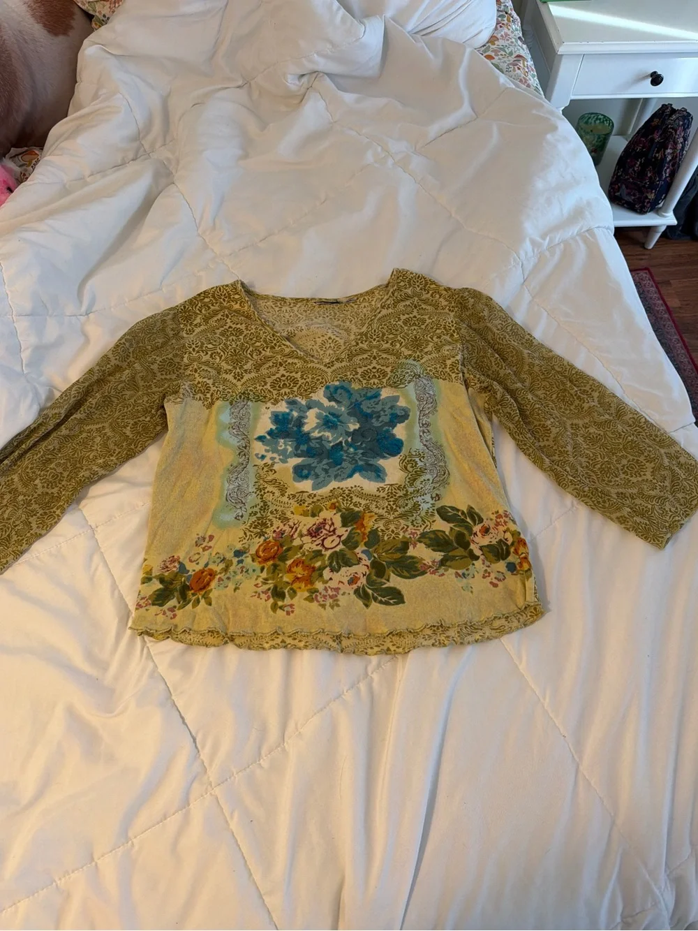 Y2k vintage boho hippie fairycore 3/4 sleeve green floral mesh flowy top - Picture 2 of 9